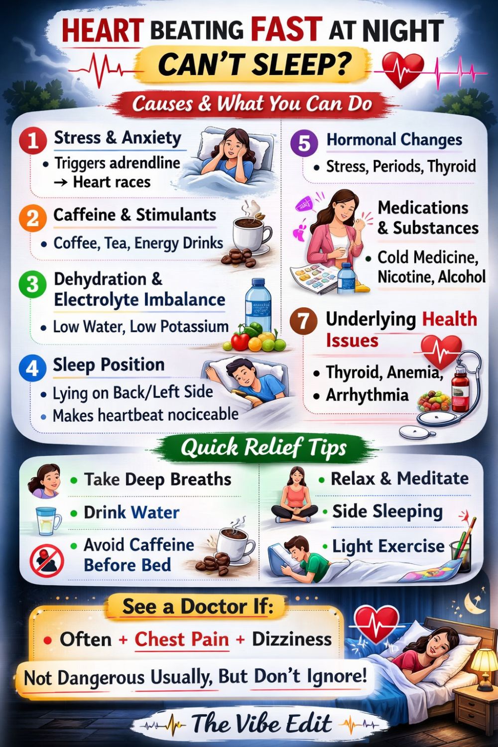 heart beating fast at night can't sleep